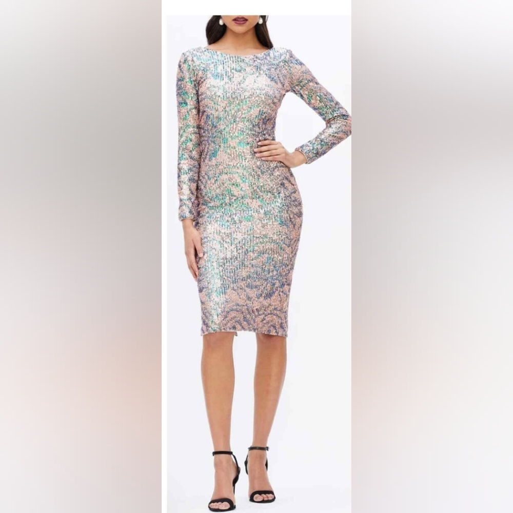 New! Dress the Population Emery blush multi sequin bodycon gown dress